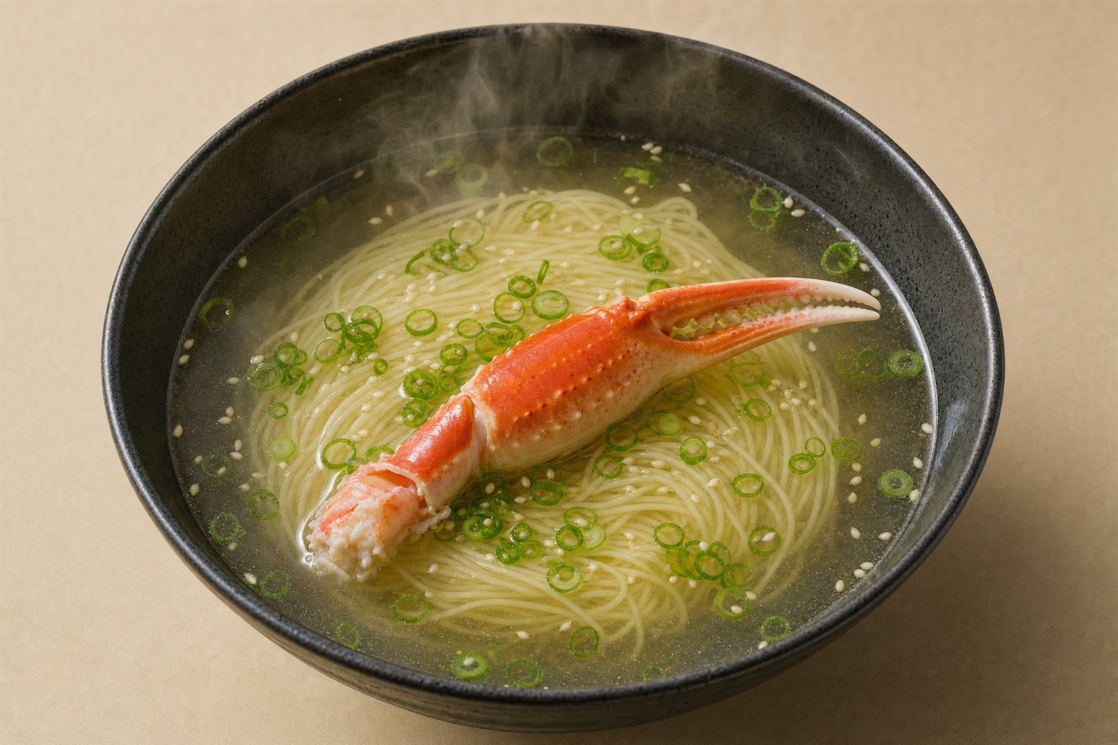 澄んだ塩味の出汁スープの蟹ラーメン。細麺の上にネギと白ごまを散らし、蟹の親爪を一本のせた一杯